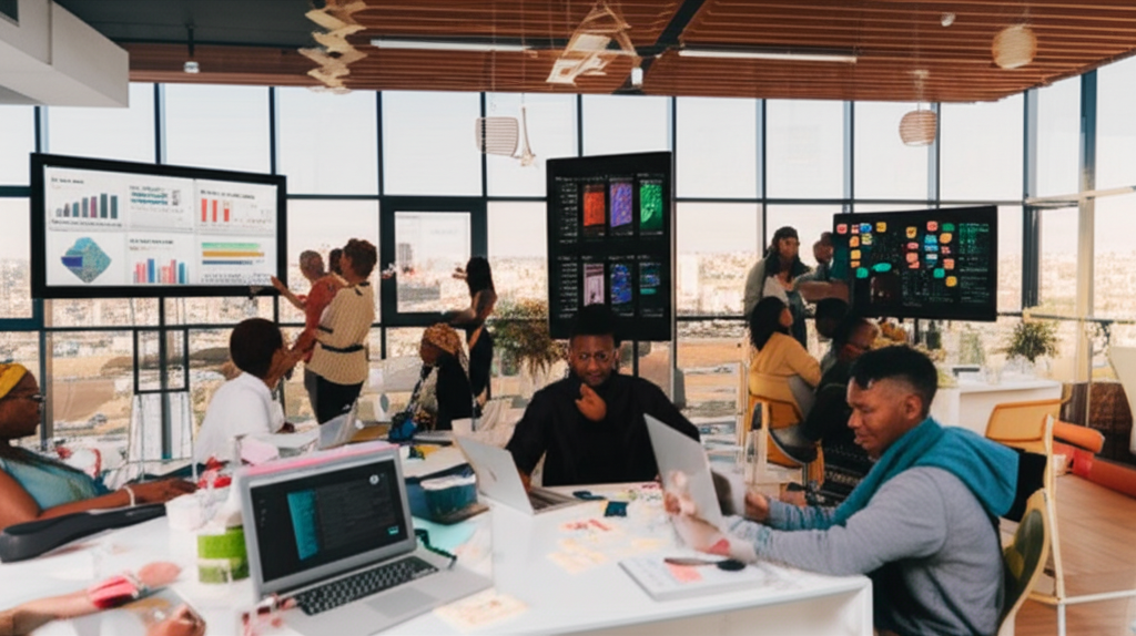 African innovation hub with collaborative teams and technology